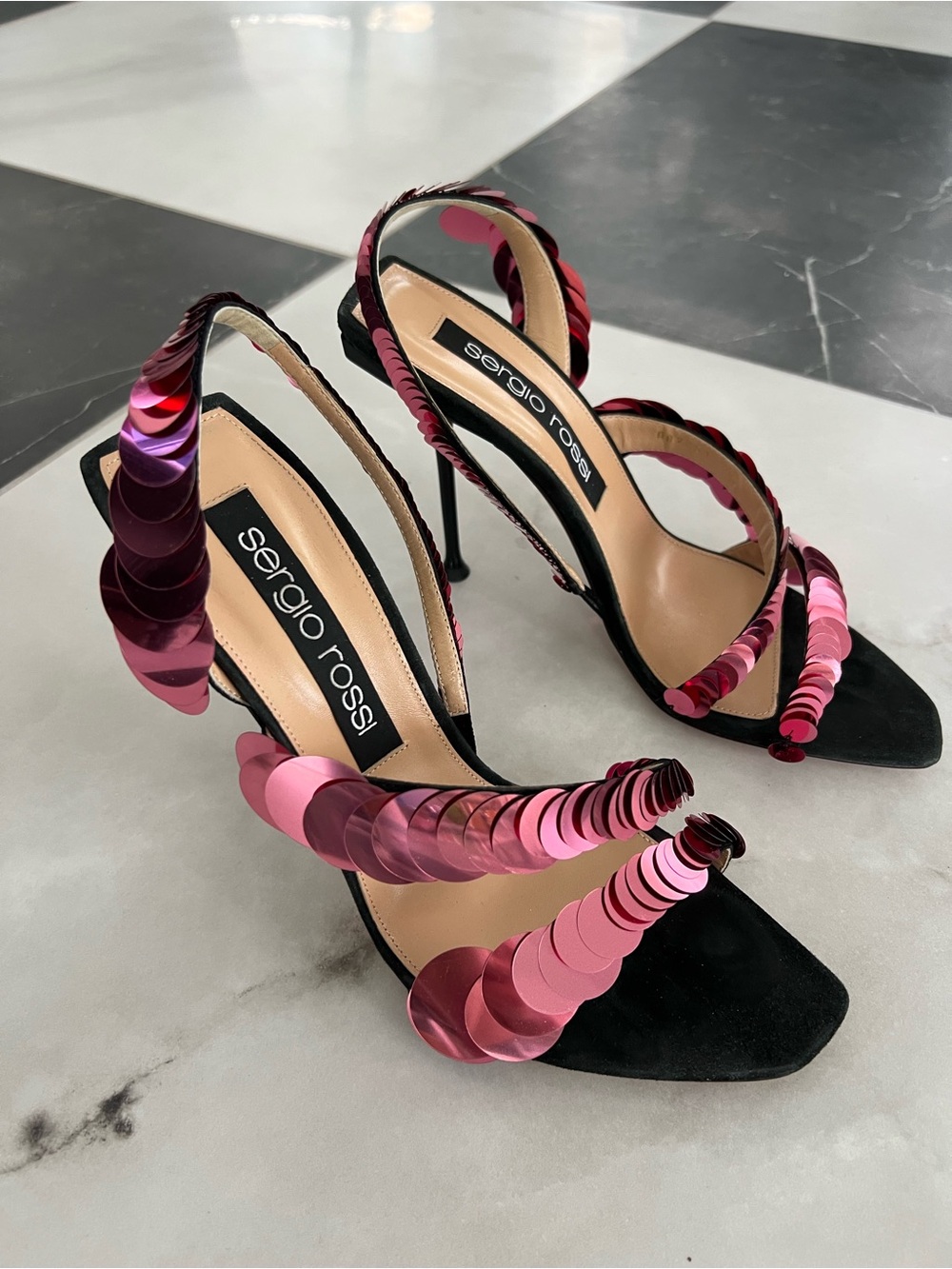 Sergio Rossi pink and magenta sequin spiral strap slingback heels